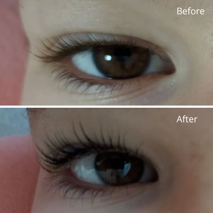 before and after photos of a customer after having their eyelashes treated