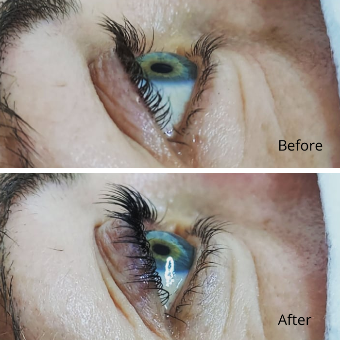 before and after photos of a customer after having eyelashes treated